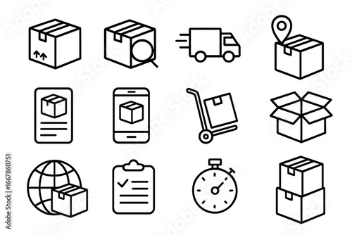 Shipping and delivery outline icon set with package tracking, logistics line icons collection, vector cartoon illustration, transparent background, ordered set for ecommerce and shipment