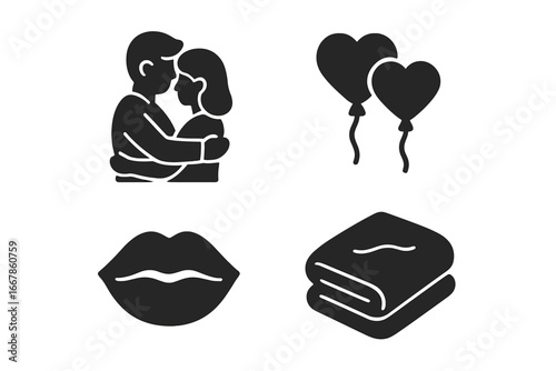 Tender moments solid glyph icon set. Love, romance, affection concepts. Hugging couple, heart balloons, kissing lips, cozy blanket. Relationship vector symbols collection.