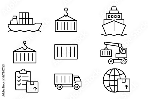 Shipping and logistics linear icon set with maritime container symbols in outline style, vector cartoon illustration with transparent background, ordered industrial transport and freight icons
