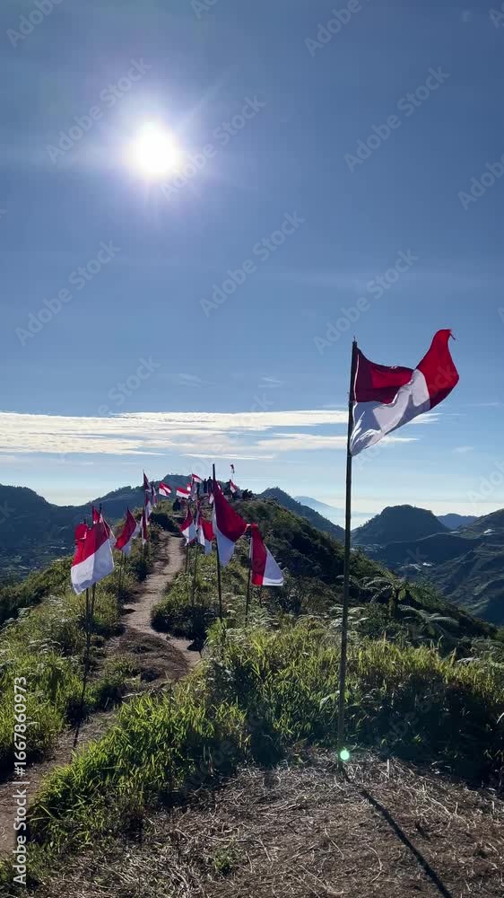 Indonesian flag flying along a trail to the summit of Mount Bismo ...