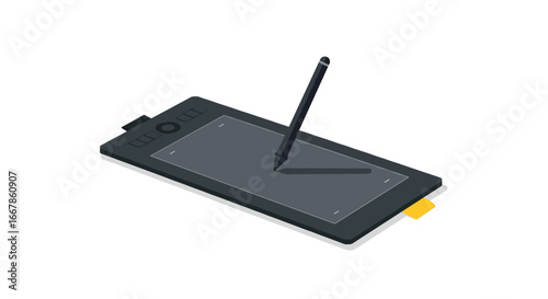 Isometric digital drawing tablet with stylus on a white background