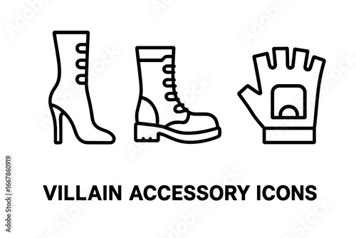 Villain accessory icon set. Vector line art of female and male villain fashion. High heel stiletto boot, combat boot, and fingerless glove. Edgy costume design elements.