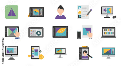 Flat design icons for digital design: devices, software, and user interface elements