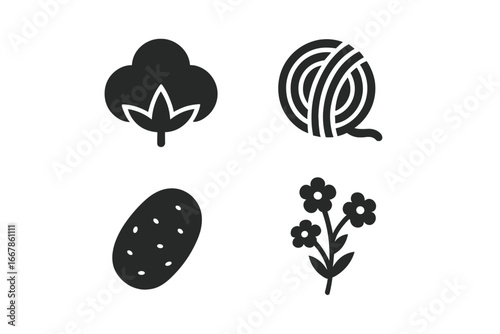 Textile raw materials solid icon set. Natural fibers for fabric production. Cotton boll, wool yarn ball, silk cocoon and flax plant. Minimalist glyph vector symbols.