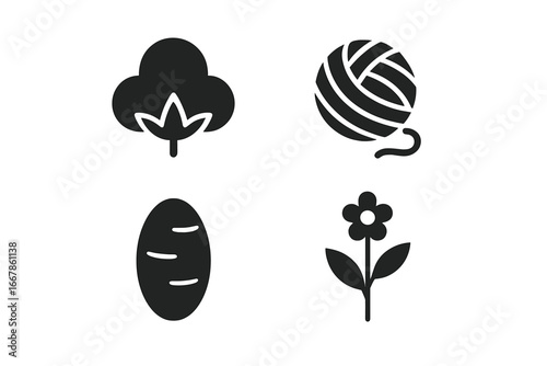 Textile raw materials solid icon set. Natural fibers for fabric production. Cotton boll, wool yarn ball, silk cocoon, flax plant glyphs. Vector symbols for sewing, knitting.