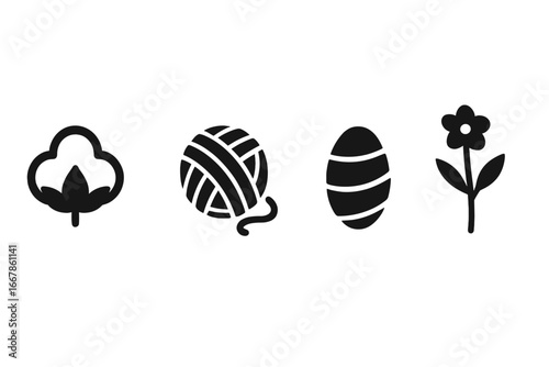 Textile raw materials icon set. Natural fibers solid glyph icons. Cotton boll, wool yarn, silk cocoon, flax plant. Vector illustration for fabric and clothing industry.