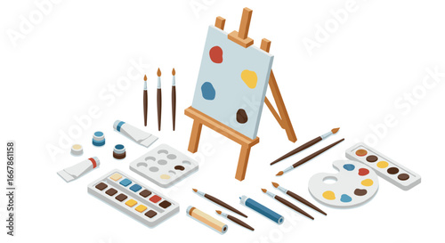 Isometric art supplies with easel and paints on white background