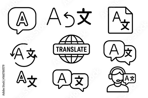Translation and Language Line Icon Set with Multilingual Communication Symbols, Global Language Exchange, Translation Service Icons, Vector Outline Collection Transparent Background