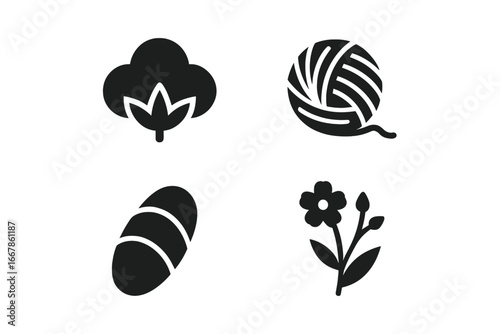 Textile raw materials icon set. Natural fiber symbols. Cotton boll, wool yarn, silk cocoon, flax plant icons. Fabric production glyphs. Vector illustration for clothing industry.