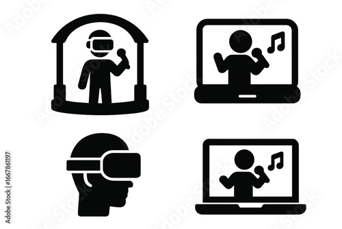 Virtual concert solid icon set. Live streaming music performance, online festival event. VR headset, digital artist, singer on laptop screen and virtual stage vector symbols.