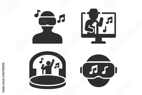 Virtual concert icon set. Solid glyphs for music streaming, online festival, metaverse performance. Features VR headset, digital artist, virtual stage. Entertainment technology.