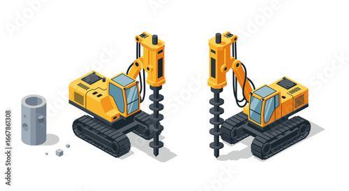Isometric construction equipment: auger drilling rig on white background