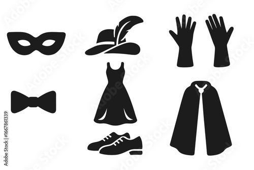 Theatrical costume vector icon set. Masquerade ball and carnival party elements. Includes mystery mask, vintage hat, gown, gloves, cape, bow tie. Formal wear for a gala.