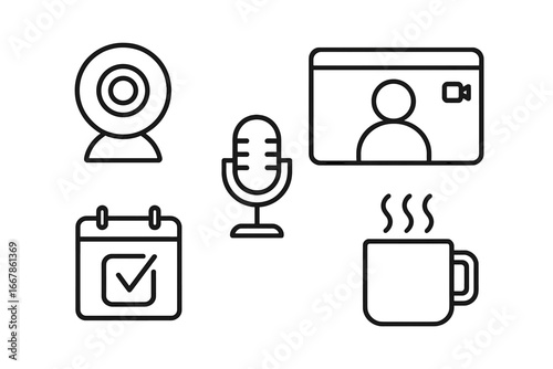 Virtual meeting line icon set. Online communication, video conference, and remote work symbols. Webinar, business call, webcam, microphone, calendar, and coffee icons.