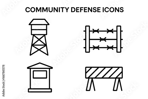 Community defense and security icon set. Vector line icons of watchtower, barbed wire fence, guard post, and barricade. Border protection and military symbols collection.