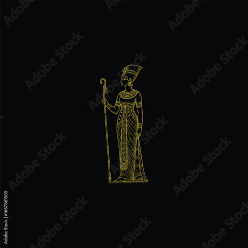 engraving logo illustration of Goddess Nefertiti standing gracefully while holding her staff. flat vector template