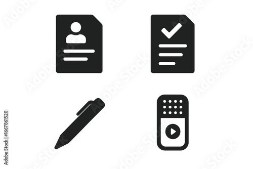 Communication & records icon set. Patient chart, consent form, signature pen, voice recorder. Medical documentation, business interview, personal data. Solid glyph vector.