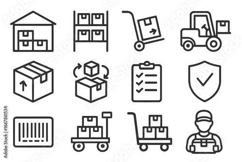 Warehouse and logistics line icon set, storage and equipment management linear collection, vector cartoon illustration with transparent background, ordered icons for supply chain and inventory
