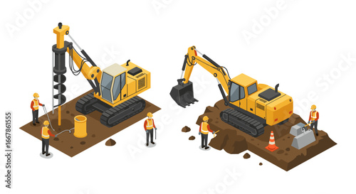 Isometric construction site with excavator and workers in safety gear