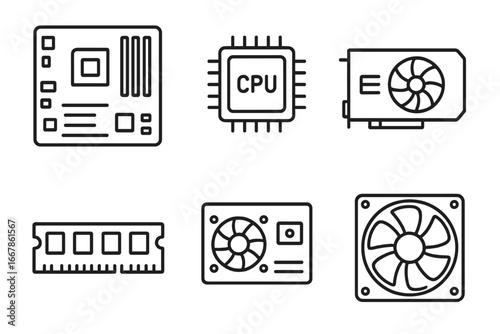 Computer hardware components outline icon set. PC parts, motherboard, CPU, GPU, RAM, power supply, cooling fan. Technology electronics concept. Vector computer assembly kit.