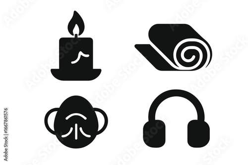 Therapeutic tools icon set for mental health and wellness. Symbols for self-care, relaxation, and mindfulness. Includes candle, yoga mat, breathing mask, and headphones glyphs.