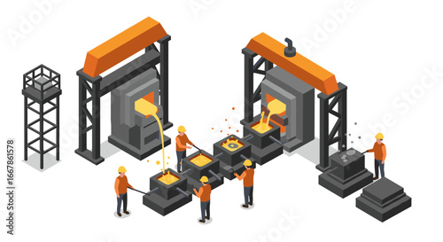 Isometric industrial foundry scene with workers and molten metal process