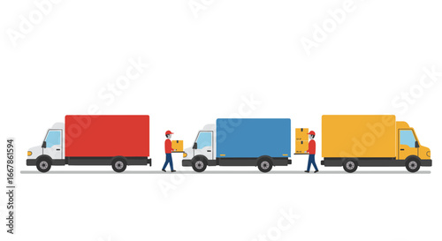 Colorful delivery trucks and workers in flat design