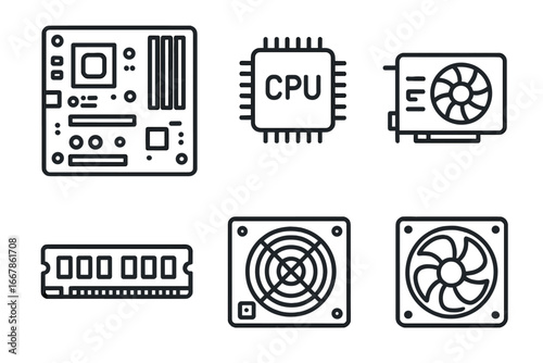 Computer hardware line icon set. PC components motherboard, CPU processor, GPU video card, RAM memory, power supply, cooler fan. Concept for PC build, tech, electronic parts.