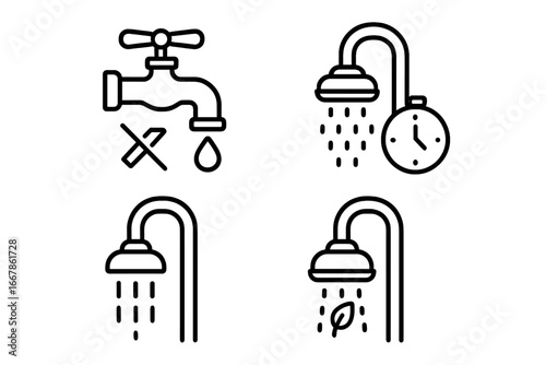 Water Conservation Icons Set, Outline Vector Symbols of Water Saving Awareness with Faucet Turned Off, Shower Timer, Low-Flow Showerhead and Eco-Friendly Shower Leaf Design