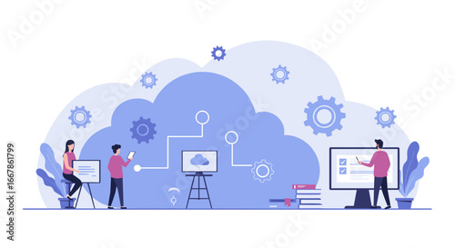 Collaborative cloud computing concept with team and gear icons in a flat design