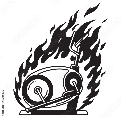 Black and white illustration of a burning elliptical exercise machine representing intense workout