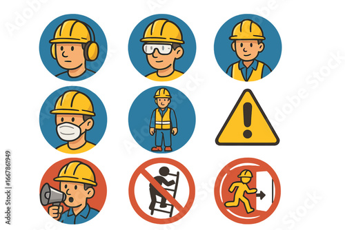 Construction safety icon set. Worker protection and warning signs. Industrial health and safety symbols. PPE, hard hat, glasses, and mask. Emergency exit. Vector cartoon illustration.