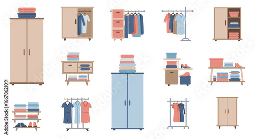 Organized wardrobes and clothing racks in modern interior design