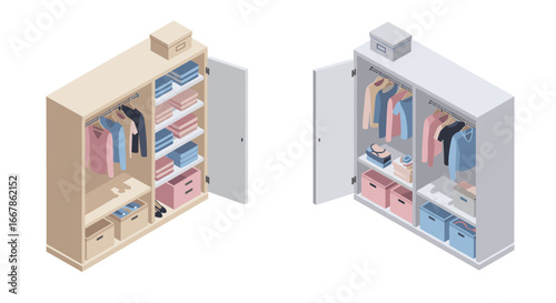 Organized wardrobes with clothes and boxes in modern isometric design