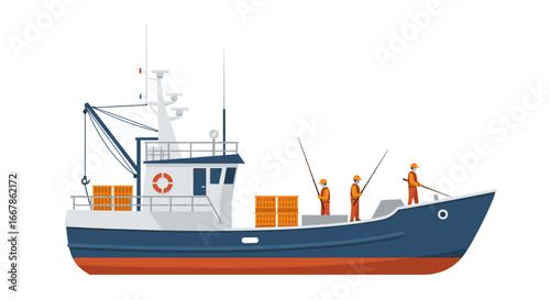 Commercial fishing boat with workers in safety gear engaged in maritime activity