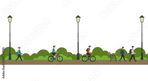 Urban park pathway with cyclists and pedestrians under streetlights