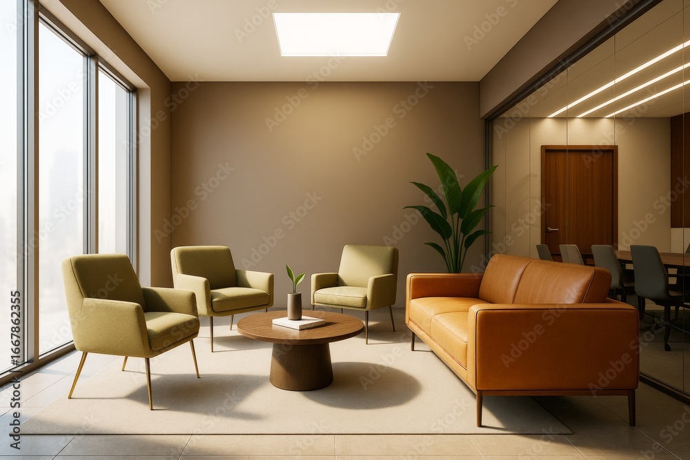Fototapeta premium Modern office lounge interior with natural light, cozy seating, minimalist decor, and contemporary furniture in a stylish open space concept.