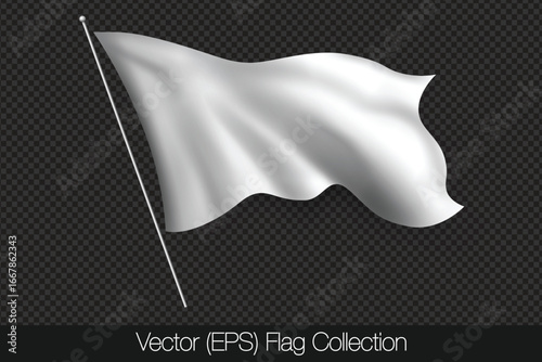 3D realistic white flag, vector (EPS) illustration isolated on transparent background. The flag twists on the wind, realistic shadows and light