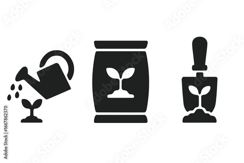 Seedling growth tools icons set, solid filled vector illustration of watering can pouring water, fertilizer bag with sprout, garden trowel with sprout and soil, gardening essentials