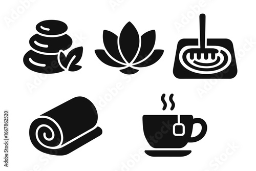 Spa and Wellness Icon Set with Massage Stones, Lotus Flower, Zen Garden Rake, Towel Roll, and Herbal Tea Cup - Solid Filled Vector Illustration for Relaxation and Self-Care