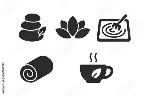 Spa and Wellness Icons Set, Solid Filled Vector Symbols of Massage Stones, Lotus Flower, Zen Garden, Towel Roll, Herbal Tea Cup for Relaxation and Holistic Therapy