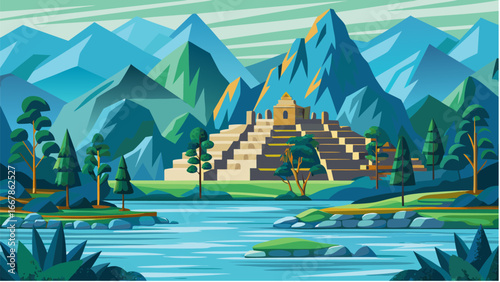 Illustration of a ziggurat in a mountainous landscape with a river and trees in a geometric style silhouette