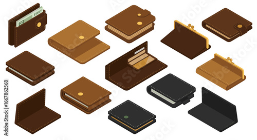 Isometric wallet collection: diverse designs featuring bifold, trifold, coin pouches and cash organizers
