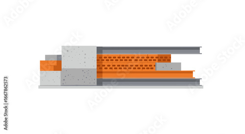 Modern flat style building wall layer composition with brick and concrete elements