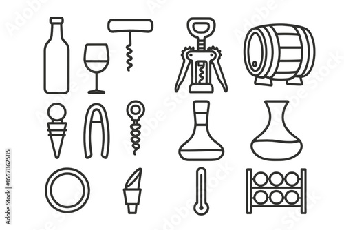 Wine Accessories Icon Set, Linear Style Winery and Bar Tools Collection, Corkscrews, Decanters, Glassware, Barrel, Thermometer, Wine Storage, Vector Cartoon Illustration