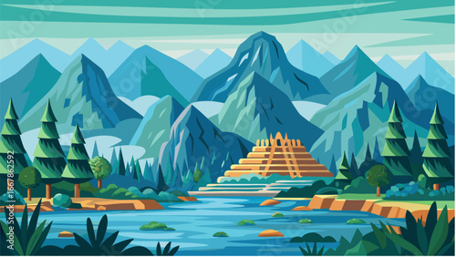 Illustration of a landscape with mountains, trees, a river, and a pyramid like structure in the distance silhouette