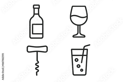 Wine and bar outline icon set featuring bottle, glass, corkscrew, and drink in modern line style, vector cartoon illustration with transparent background, ordered set for beverage themes