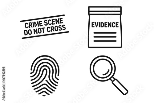 Crime scene investigation icon set. Police forensic outline icons. Includes do not cross tape, evidence bag, fingerprint, magnifying glass. Vector detective mystery symbols.