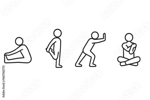 Outline Stretch Routine Icons Set Showing Home Exercises Hamstring Quad Calf Shoulder Stretch Vector Cartoon Illustration for Fitness and Wellness