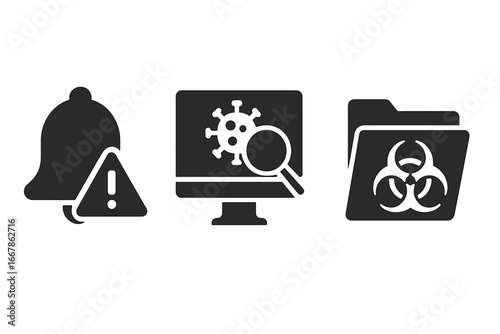 Threat detection glyph icon set. Cybersecurity and antivirus protection concept. Virus scan, malware alert notification, and quarantine folder with biohazard symbol vector.